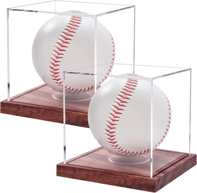 LiTY 2 Pack Baseball Display Case, No Assembly Required Clear Cube Tennis Ball Holder with Solid Wooden Base, Autograph Baseball Stand Box for Single Ball - Image 1